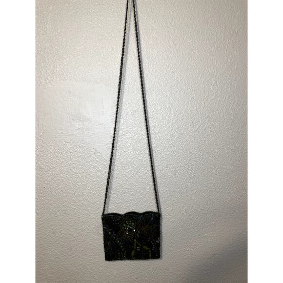 VTG Georgiou Studio Silk Beaded Mini Green & Blue Purse W/ Long Beaded Strap - Picture 11 of 12